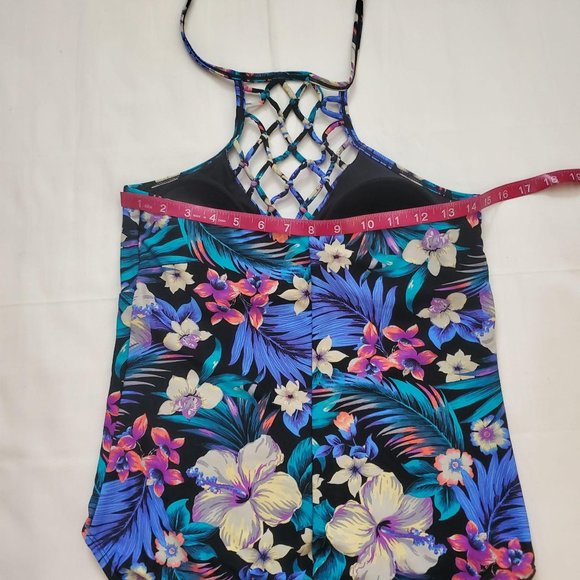 Tahiti Women's Blue/Multi One-Piece Lattice Front Halter Floral Swimsuit M(8-10) - Picture 10 of 14